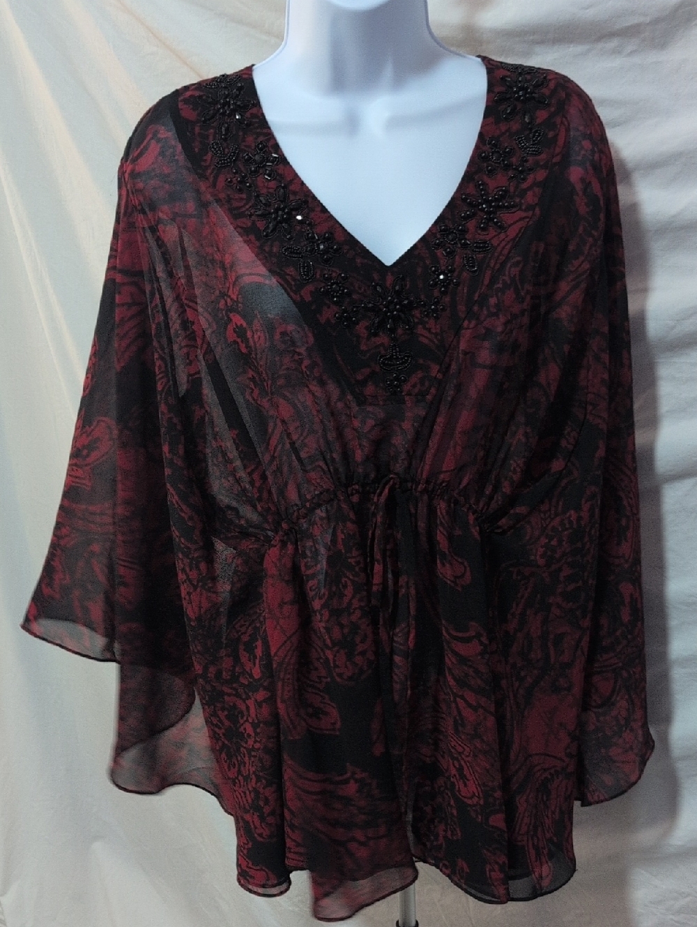 Coldwater Creek Beaded V-Neck Tunic in Burgundy and Black